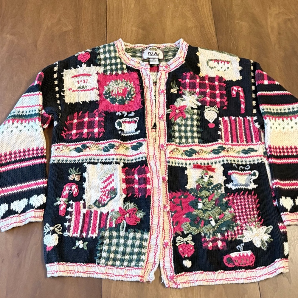 Vintage 90s/00 Tiara Intern Black Christmas Holiday Patchwork Knit Cardigan embr